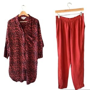 Vintage Diane Gilman SzL 100% Silk Pant And Tunic Set. Rust Orange Leopard Print